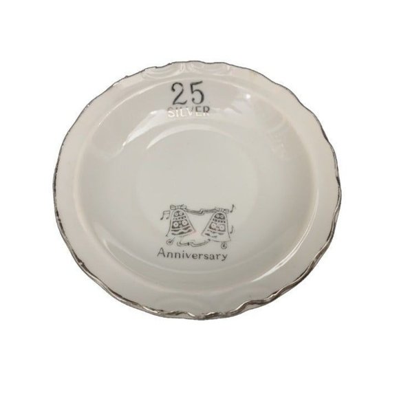 Vinage 25th Silver Anniversary Trinket Dish Porcelain Silver Trim 4.5" - Picture 1 of 7